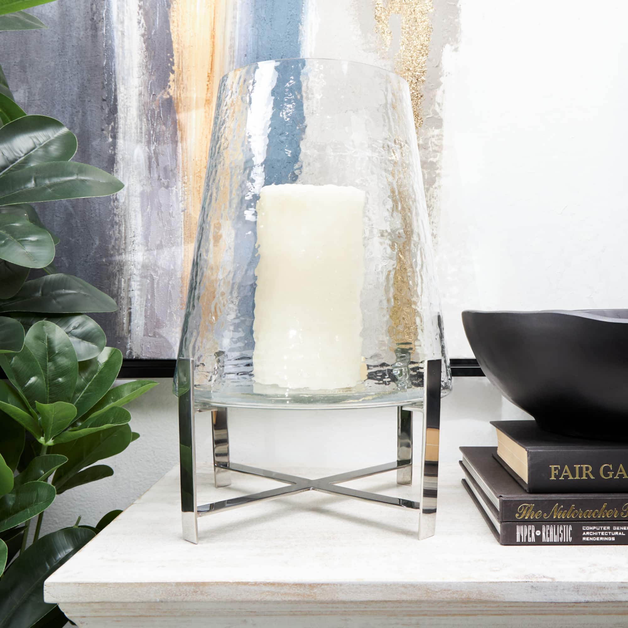 16" Clear Glass & Stainless Steel Hurricane Candle Holder